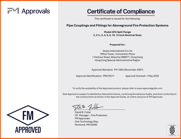Meide Group's GFA Grooved Flange Fittings in sizes 2, 2 ½, 3, 4, 5, 8, 10, and 12 are FM approved 