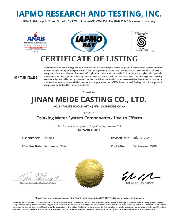 Meide Group's socket gate valves, flange gate valves, and fire hydrants (dry + wet) have obtained NSF61 certification。